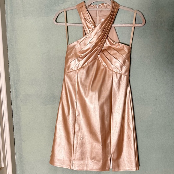 VENUS Dresses & Skirts - VENUS Metallic Rose Gold Cross-Front Mini Dress